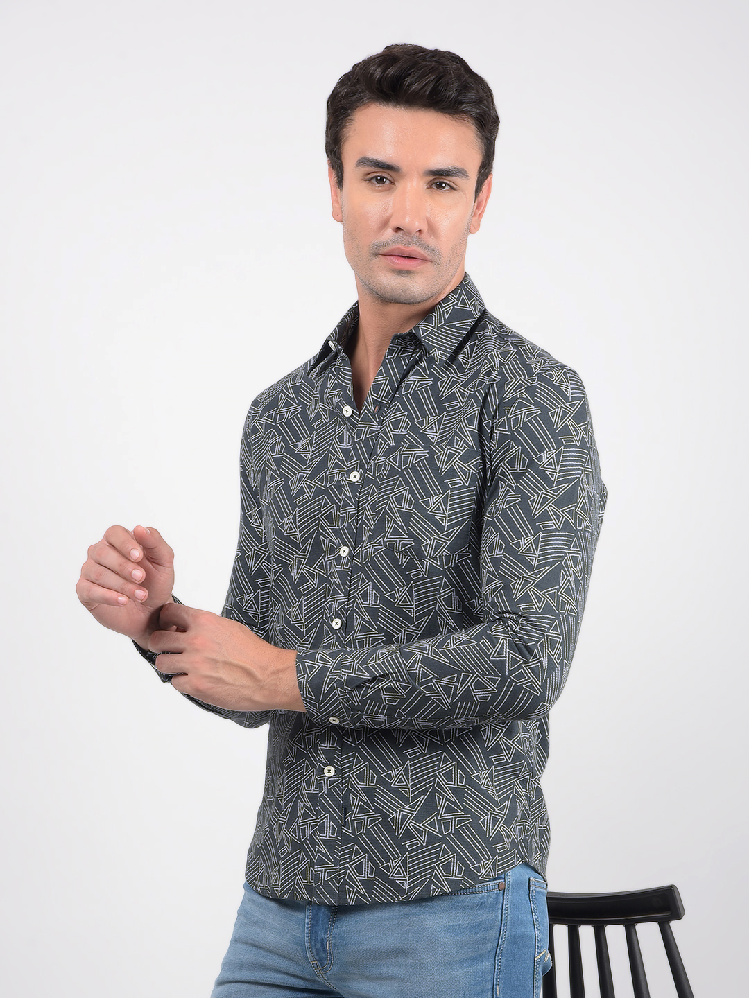 Numero Uno Men Geometric Print Grey Shirt